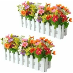 LangRay Fleurs Artificielles En Pot, 2pcs Fleurs Décoratives Artificielles Avec Clôture En Bois, Fleurs Artificielles Automne, Orchidées Artificielles, Décoration Fausses Fleurs Pour Balcon Salon Jard