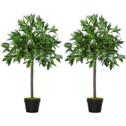 OUTSUNNY Lauriers Artificiels 0,90H M - Lot De 2 Lauriers Boules Artificiels - 564 Feuilles Réalistes Par Pied - Pot Inclus Noir Vert