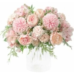 AIDUCHO Fleurs Artificielles, Faux Bouquet De Pivoine En Soie Hortensia Décor Oeillets En Plastique Arrangements Floraux Réalistes Décoration De Mariage Centres De Table 2 Paquets Rose Clair