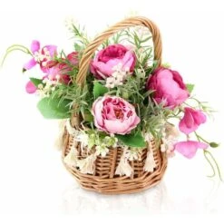 Keleily Panier Fleurs Artificielles Pivoine Fleurs Artificielles En Pot, Bouquet Fleur Artificielle Deco Avec Vase Et Manipuler Pour Mariage, Bureau, Table, Salon, Chambre à Coucher, Fête, Rose Rouge