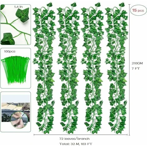 15Pcs 2m Artificiel Lierre Guirlande Plante Artificielle Exterieur Faux Lierre Feuillage Artificiel Feuille Guirlande Décoration Interieur + 100pcs Attaches Câble 4 15Pcs 2m Artificiel Lierre Guirlande Plante Artificielle Exterieur Faux Lierre Feuillage Artificiel Feuille Guirlande Décoration Interieur + 100pcs Attaches Câble – Image 2