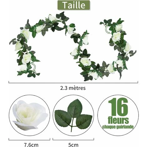 2 Pièces Fleurs Artificielles Deco, Fleur Artificielle Guirlande De Rose Decoration Mariage Pour Murs, Jardin, Salon, Pour Les D’Anniversaire Intérieur Et Extérieur, 2,3 Mètre - Blanc 4 2 Pièces Fleurs Artificielles Deco, Fleur Artificielle Guirlande De Rose Decoration Mariage Pour Murs, Jardin, Salon, Pour Les D’Anniversaire Intérieur Et Extérieur, 2,3 Mètre - Blanc – Image 2