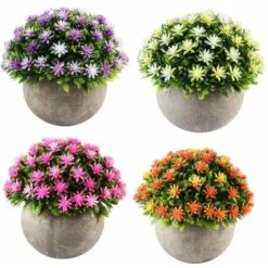 Lot De 4 Petites Plantes Artificielle Des Fleurs Avec Pot,Intérieur Exterieur Pour Déco.(Orange+Rose+Jaune+Violet)