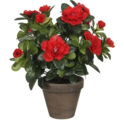 Azalée Artificielle Rouge Dans Un Pot Gris ø11,5cmx27xø20cm