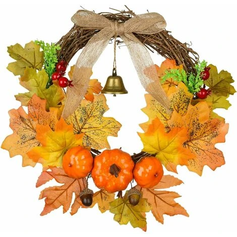 DENUOTOP Plante Artificielle Couronne D'automne Artificielle De 30 Cm, Couronne D'érable Pour La Porte D'entrée Couronne De Porte En Feuille D'érable Avec Cloche 3 DENUOTOP Plante Artificielle Couronne D'automne Artificielle De 30 Cm, Couronne D'érable Pour La Porte D'entrée Couronne De Porte En Feuille D'érable Avec Cloche