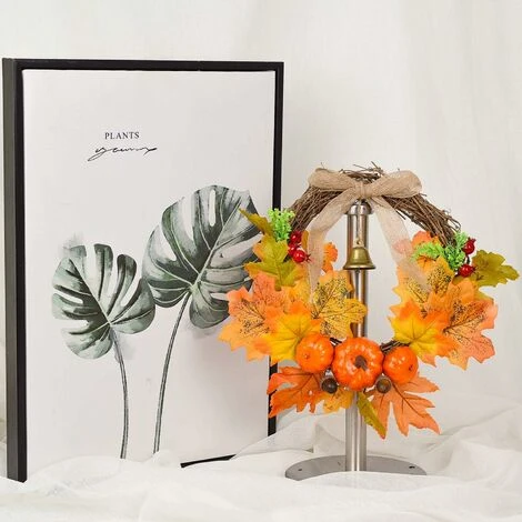 DENUOTOP Plante Artificielle Couronne D'automne Artificielle De 30 Cm, Couronne D'érable Pour La Porte D'entrée Couronne De Porte En Feuille D'érable Avec Cloche 4 DENUOTOP Plante Artificielle Couronne D'automne Artificielle De 30 Cm, Couronne D'érable Pour La Porte D'entrée Couronne De Porte En Feuille D'érable Avec Cloche – Image 2