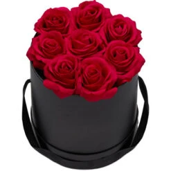 Relaxdays Boîte Ronde Avec Roses, 8 Fleurs, Romantique, Cadeau Fête Des Mères, Saint-Valentin, Fabriqué à La Main, Rouge