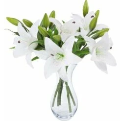 Bouquet Fleur Artificielle Lot De 5 Fausses Fleurs Artificielles Lys En Plastique Pour Maison Deco Mariage Champetre Cimetiere Plante Artificielle Pour Exterieur Intérieur ,n'inclut Pas Le Vase,(Blanc