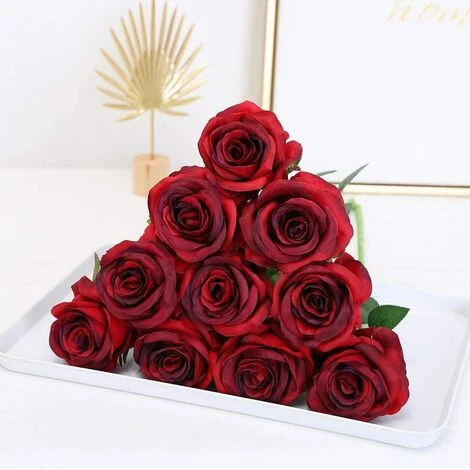 10 Pi��ces Artificielle Roses De Faux Bouquets Floraux Pour La D��coration De Mariage Maison D��coration De F��te D'anniversaire Jardin D��cor (Rouge Fonc�� - Roses ��panouies) 4 10 Pi��ces Artificielle Roses De Faux Bouquets Floraux Pour La D��coration De Mariage Maison D��coration De F��te D'anniversaire Jardin D��cor (Rouge Fonc�� - Roses ��panouies) – Image 2