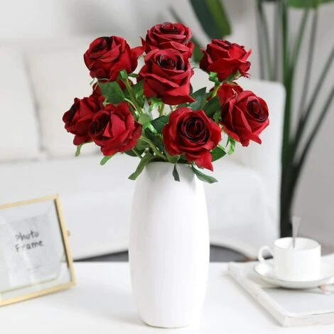 10 Pi��ces Artificielle Roses De Faux Bouquets Floraux Pour La D��coration De Mariage Maison D��coration De F��te D'anniversaire Jardin D��cor (Rouge Fonc�� - Roses ��panouies) 6 10 Pi��ces Artificielle Roses De Faux Bouquets Floraux Pour La D��coration De Mariage Maison D��coration De F��te D'anniversaire Jardin D��cor (Rouge Fonc�� - Roses ��panouies) – Image 4