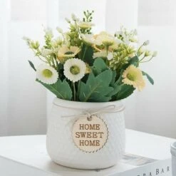 Bonsaï Artificiel,Plante Artificielle En Pot De Marguerite ,Ornements Décoratifs Pour La Maison, Intérieur, Mariage Extérieur Et Intérieur, Bureau(Blanc)