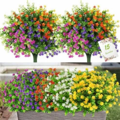 HDAOU Lot De 15 Bouquets De Fleurs Artificielles Pour Extérieur Intérieur - Résistantes Aux UV 5 Couleurs Plantes En Plastique Pour Maison