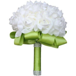 Arrivée De Fleurs Artificielles Roses Bouquet De Mariage Soie Satin Ruban Champagne Demoiselles D'honneur Partie De Mariée-vert