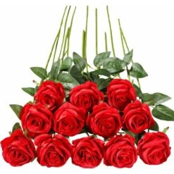 12 PCS Roses Artificielles, 50cm Seule Longue Tige Fausse Rose (Rouge)