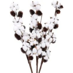 3pcs Fleurs Coton Naturelles 6 Têtes Bouquet De Fleurs Sechees Naturelles Deco Blanc 72cm Branche De Coton Sechee Avec Pommes De Pin Pour Balcon Mariage Table Composition Floral