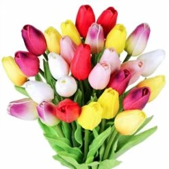 28 Pcs Multicolore Tulipes Fleurs Artificielles Fausse Tulipe Tiges Real Feel PU Tulipes Pour Pâques Printemps Couronne Bouquet De Mariage Centre De Table Arrangement Floral Cimetière Décoration De Ta